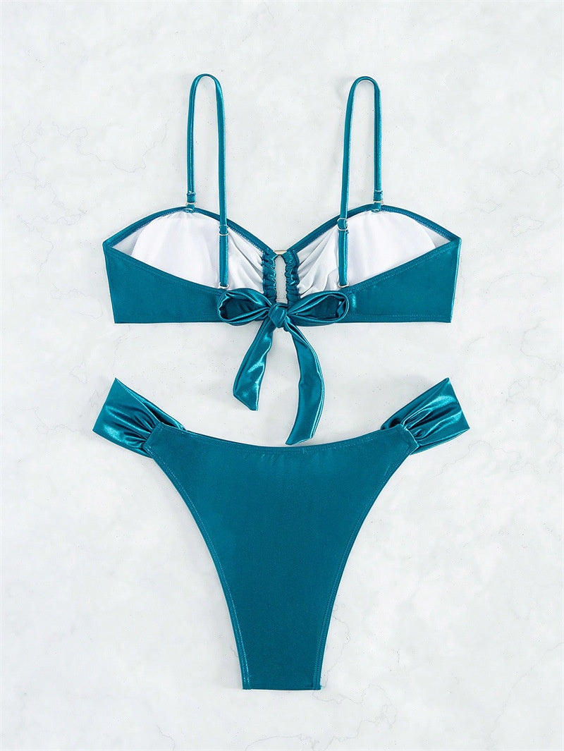 *Pleated Bikini Set Shiny Swimwear Solid Color Swimsuit Women Two Piece High Cut Bikini Beach Wear
