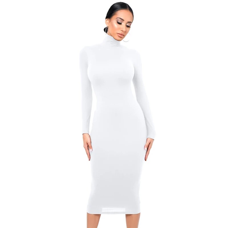 Winter Black Turtleneck Sexy Women Dress Autumn Long Sleeve Skinny Midi Boydcon Casual Blue Plush Knee-Length Party Club