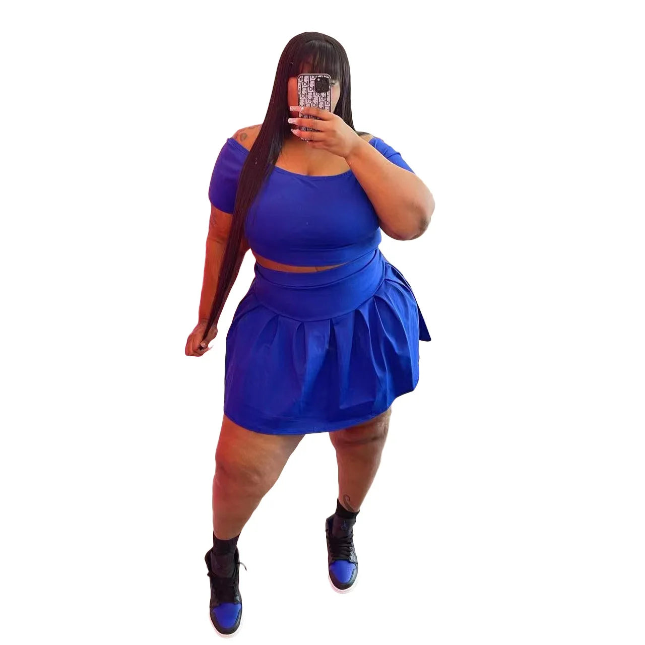 Solid Color Plus Size Two Piece Sets Womens Outifits Crop Top Sexy And Pleated Mini Skirts Matching Set Wholesale Dropshipping