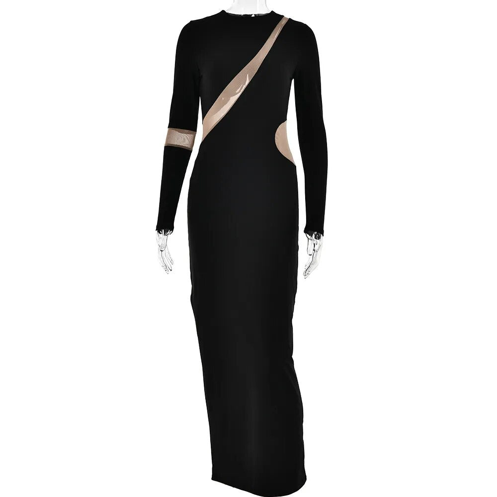 Women's Sheer Split Slim Long Dress, O-Neck, Long Sleeve, High Waist, Hip Wrapped, Elegant Dresses, Club Party Wear, Autumn