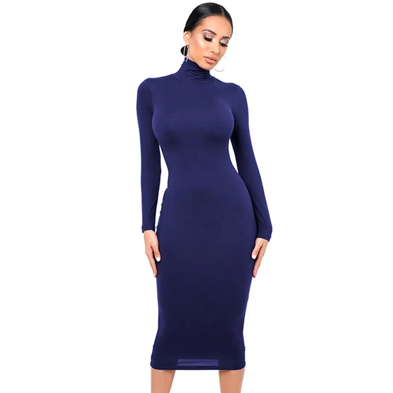 Winter Black Turtleneck Sexy Women Dress Autumn Long Sleeve Skinny Midi Boydcon Casual Blue Plush Knee-Length Party Club