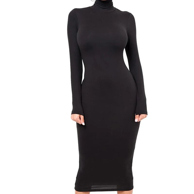 Winter Black Turtleneck Sexy Women Dress Autumn Long Sleeve Skinny Midi Boydcon Casual Blue Plush Knee-Length Party Club