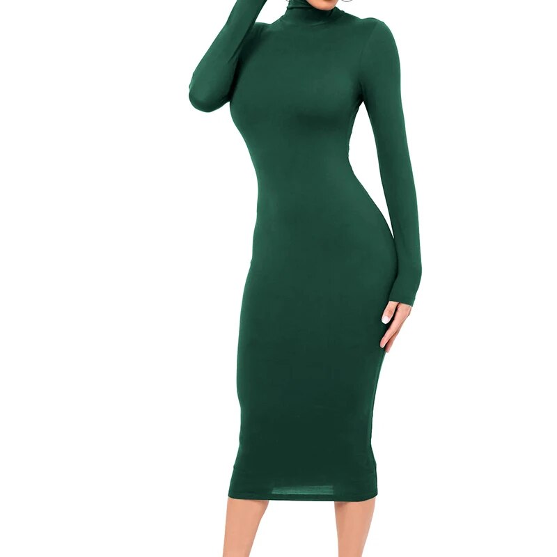Winter Black Turtleneck Sexy Women Dress Autumn Long Sleeve Skinny Midi Boydcon Casual Blue Plush Knee-Length Party Club