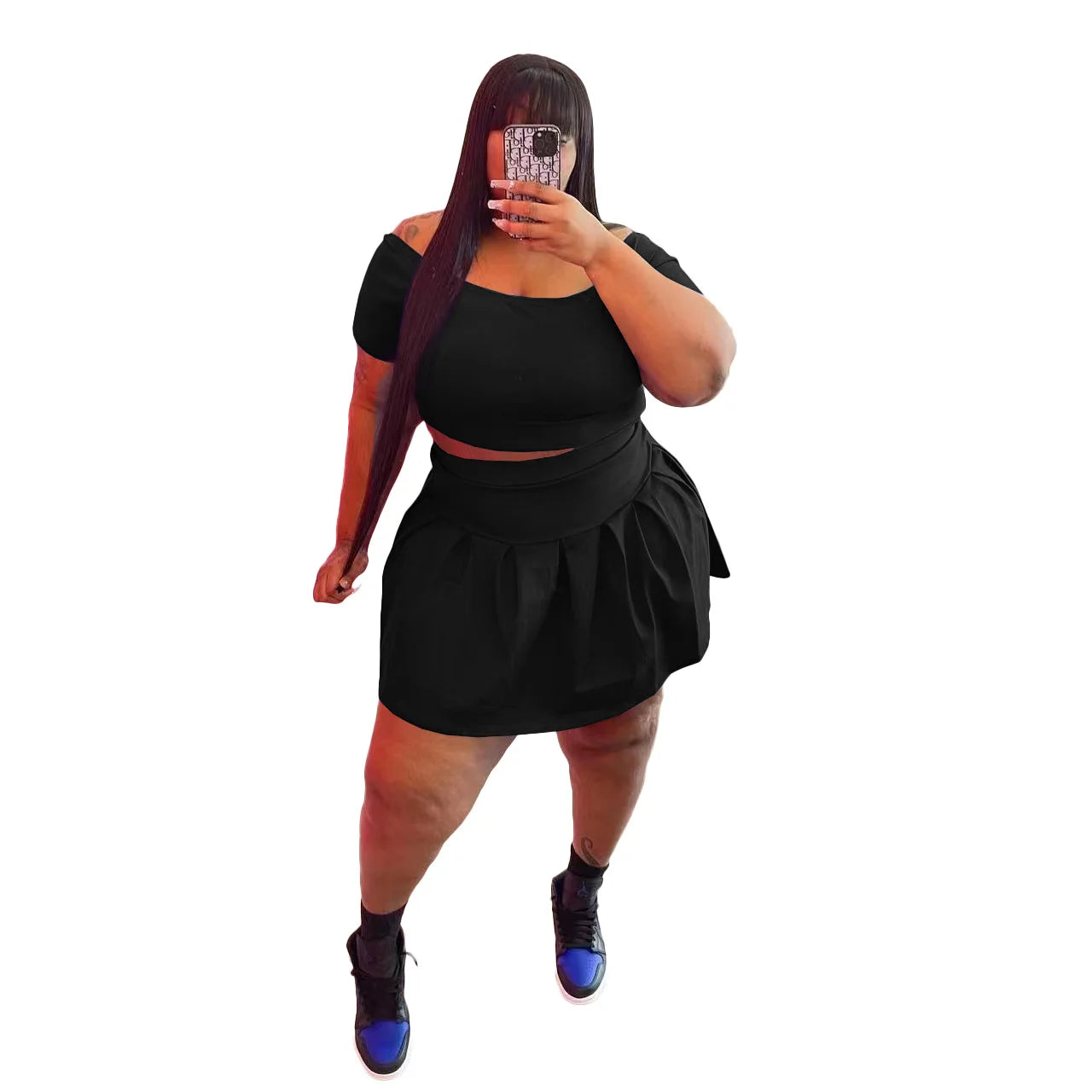 Solid Color Plus Size Two Piece Sets Womens Outifits Crop Top Sexy And Pleated Mini Skirts Matching Set Wholesale Dropshipping
