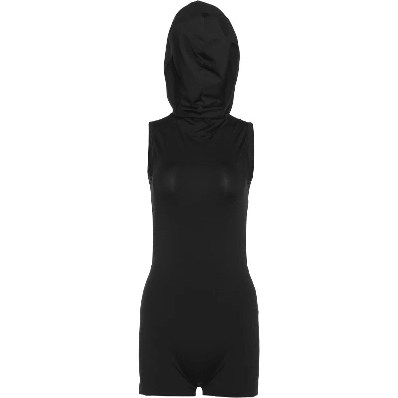 Weird Puss Backless Romper Women Chic Hipster Summer Hooded Stretch Sleeveless Skinny Peach Hip Playsuit Tight Casual Streetwear