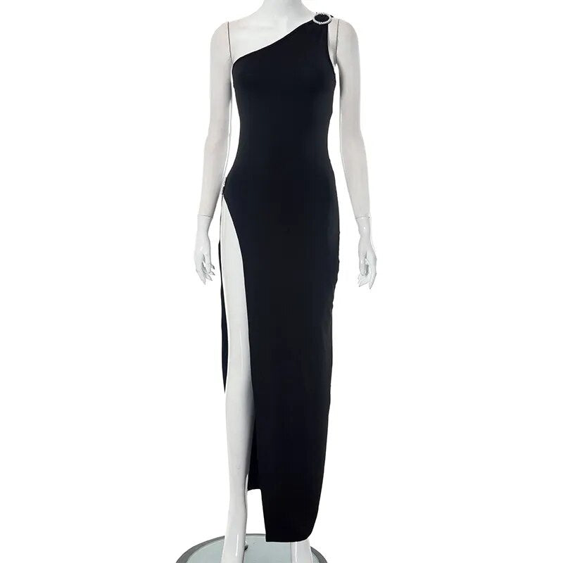One Shoulder Sexy Black Evening Party Club Bodycon Maxi Split Dress Outfits Women Sleeveless Backless Y2K Summer Clothes Vestido