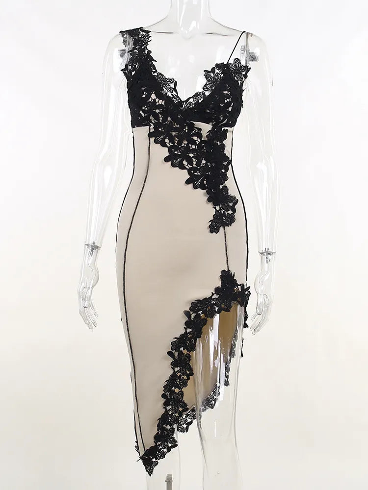 Sexy Deep V Applique Suspender Dress Women Slim Backless Split Party Mini Vestidos 2023 Sleeveless Night Club Outfits JY22618MH