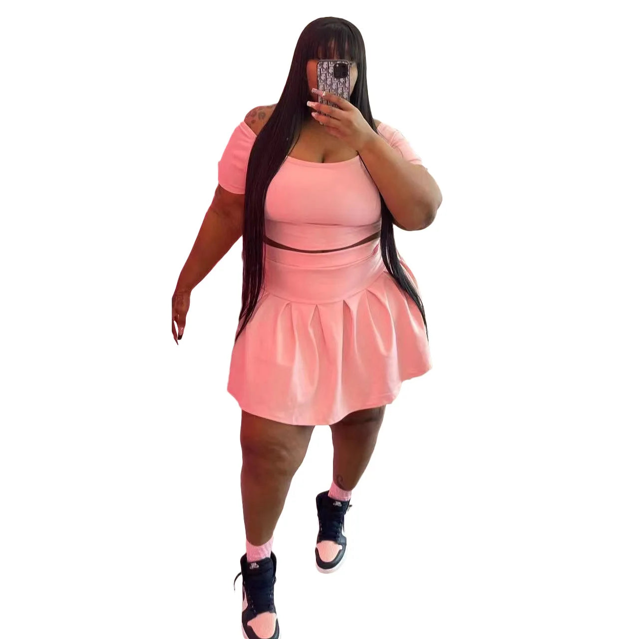 Solid Color Plus Size Two Piece Sets Womens Outifits Crop Top Sexy And Pleated Mini Skirts Matching Set Wholesale Dropshipping
