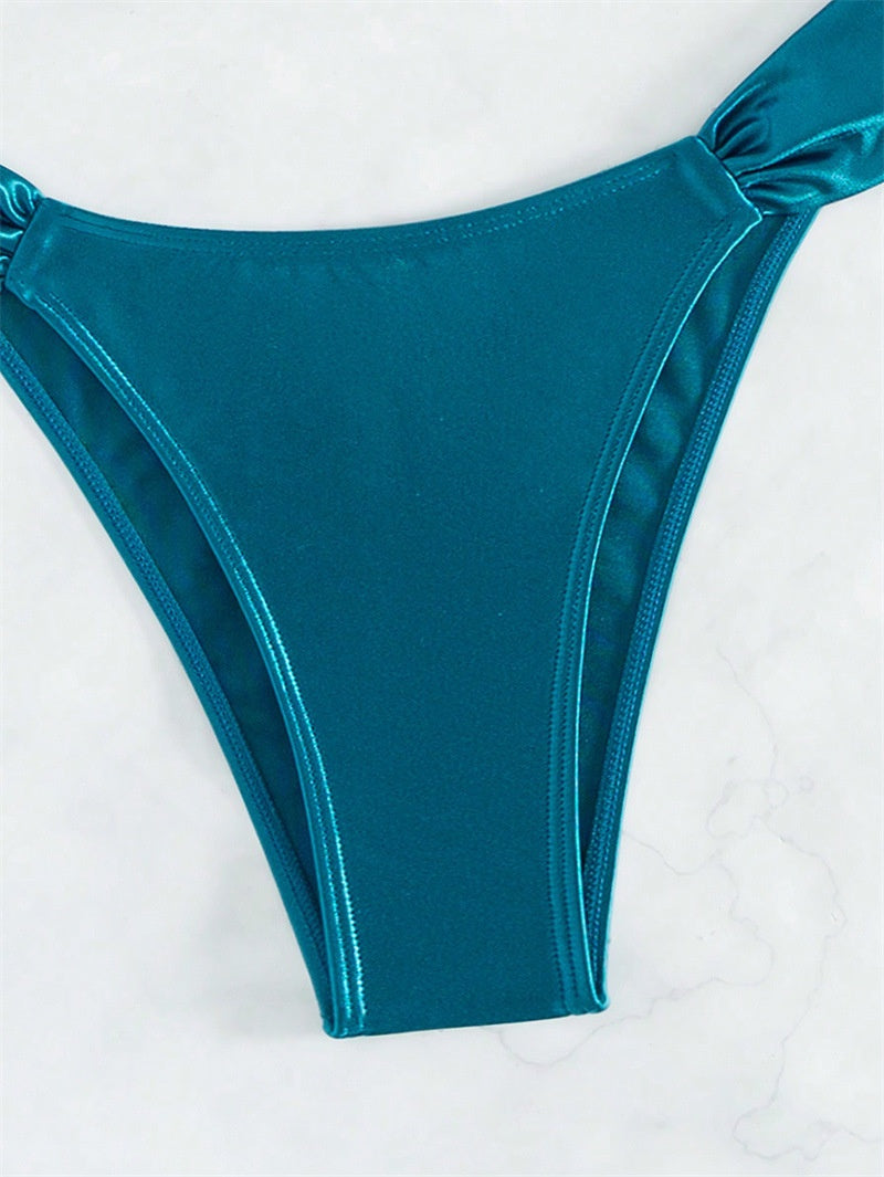 *Pleated Bikini Set Shiny Swimwear Solid Color Swimsuit Women Two Piece High Cut Bikini Beach Wear