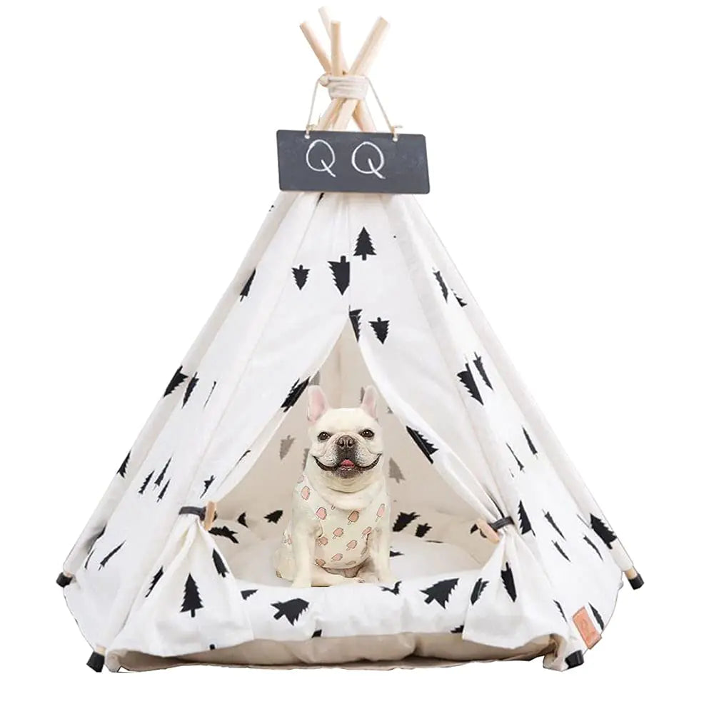 ^Pet Teepee Tent Bed Portable & Washable House Indoor Outdoor Puppy Beds for Small Dogs Cats Rabbits with Cushion and Blackboard