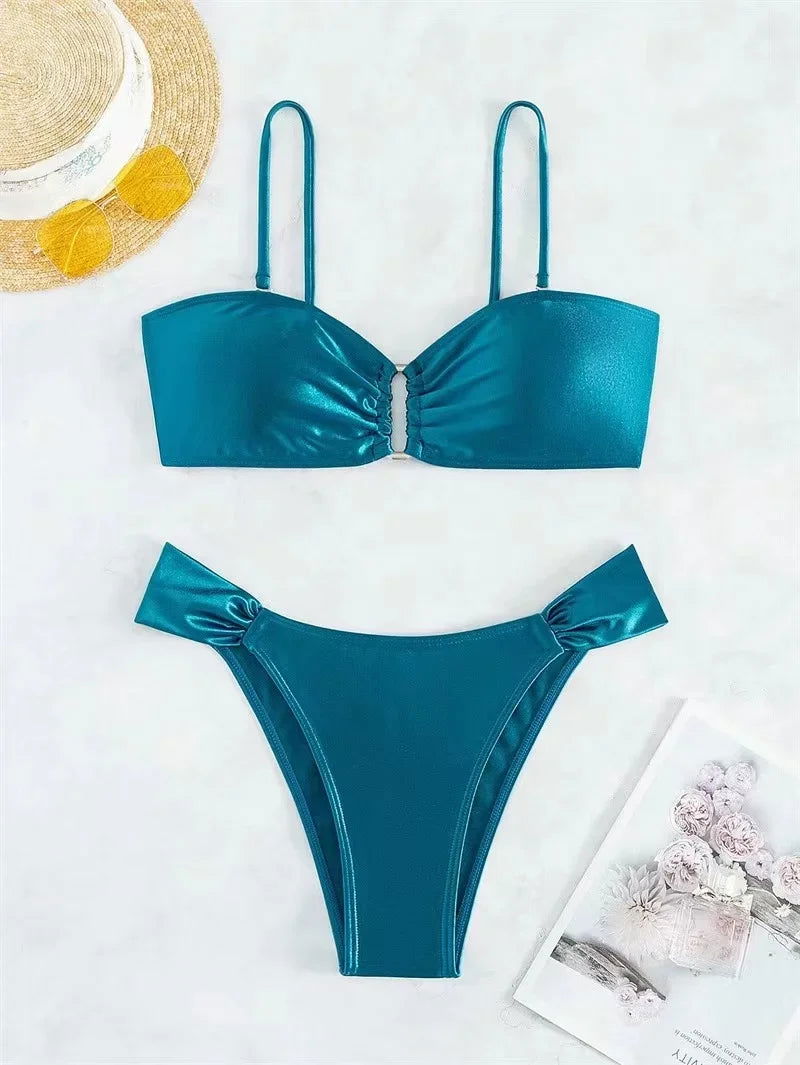 2024 New Pleated Bikini Set Shiny Swimwear Solid Color Swimsuit Women Sexy Bikinis Two Piece Suits High Cut Biquini Beach Wear 