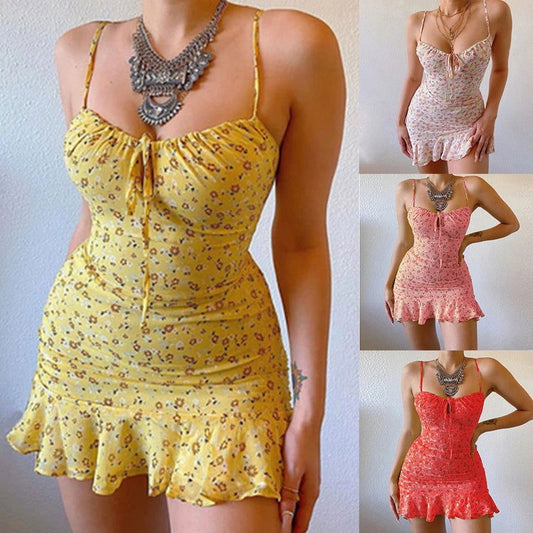 2024 Summer Short Dress Women Floral Print Sleeveless Mini Dress Strap Bodycon Dresses Fashion Hanging Belt Sexy Printed Dress 