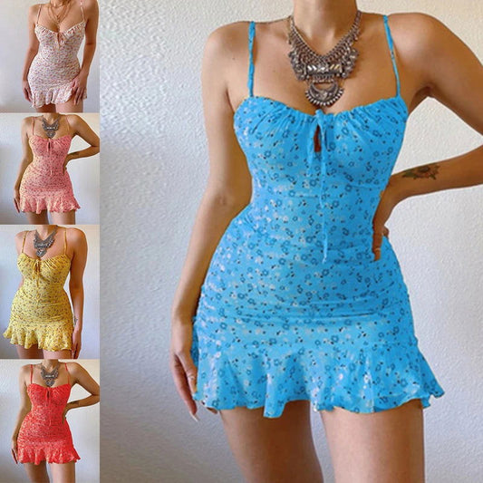 2024 Summer Short Dress Women Floral Print Sleeveless Mini Dress Strap Bodycon Dresses Fashion Hanging Belt Sexy Printed Dress 