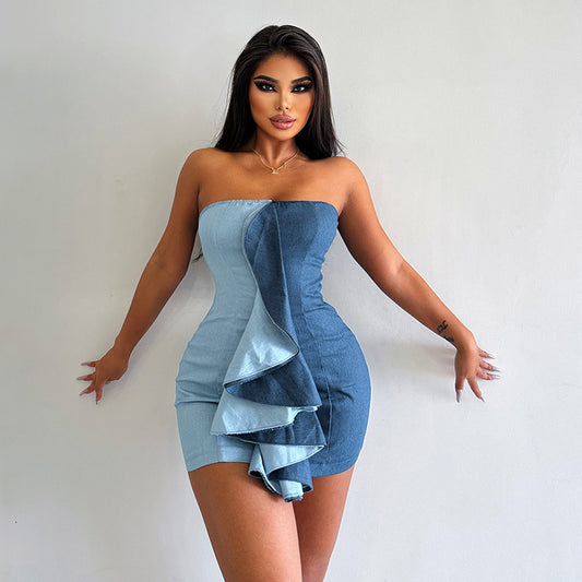 Color Contrast Ruffle Bodycon Mini Dress Women Strapless*