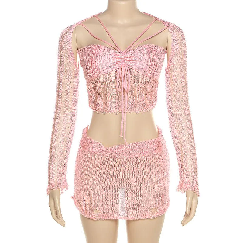 Sweet Like Sugar Distressed Crochet Mini Skirt Set