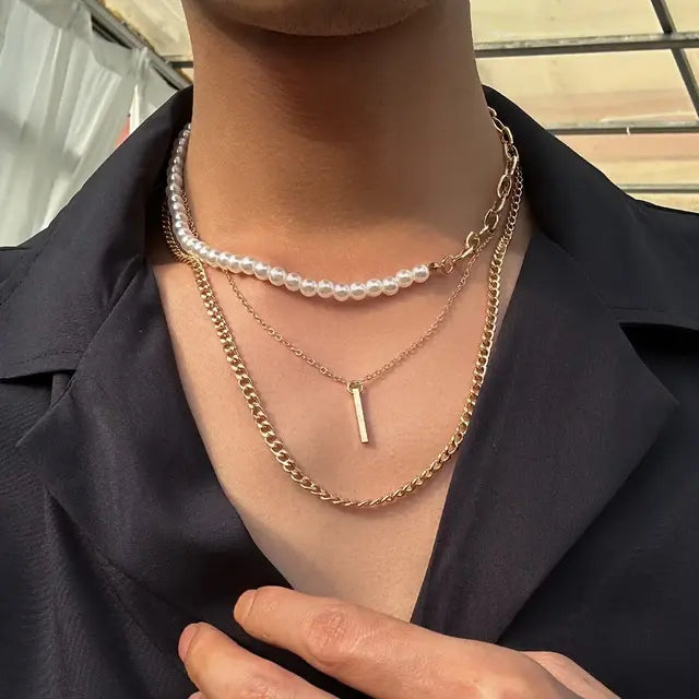 Ancient Geometric Pendant Necklace for Men with Half-Pearl Chain Choker 