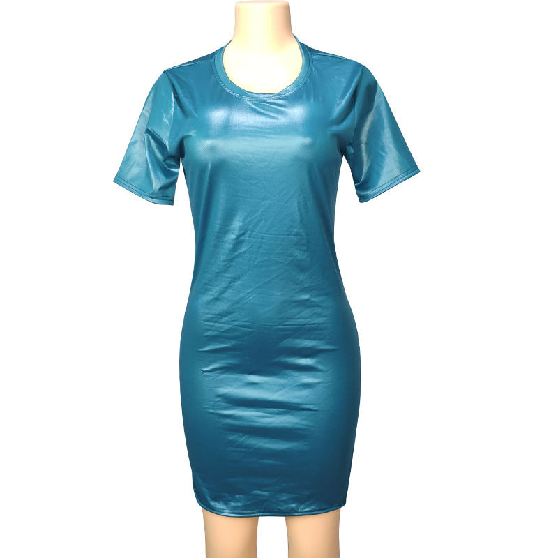 Faux Leather Long Sleeve Round Neck Knee Sheath Tight Dress dress