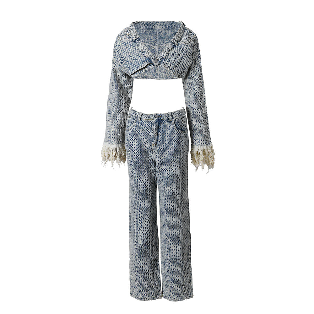 Denim Women's Crop Jean Jacket and Pants 2Piece Set*