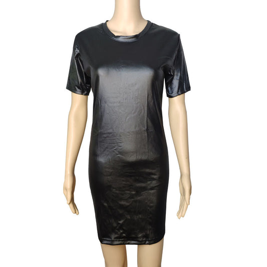 Faux Leather Long Sleeve Round Neck Knee Sheath Tight Dress dress