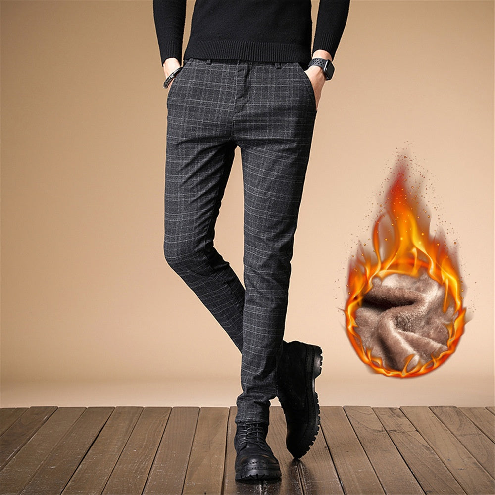 2023 Plaid, Brushed Casual Pants Men Slim Fit Men's Pants Fleece-lined Thick Style Korean Winter Suit Pants Men One Piece Dropshipping 