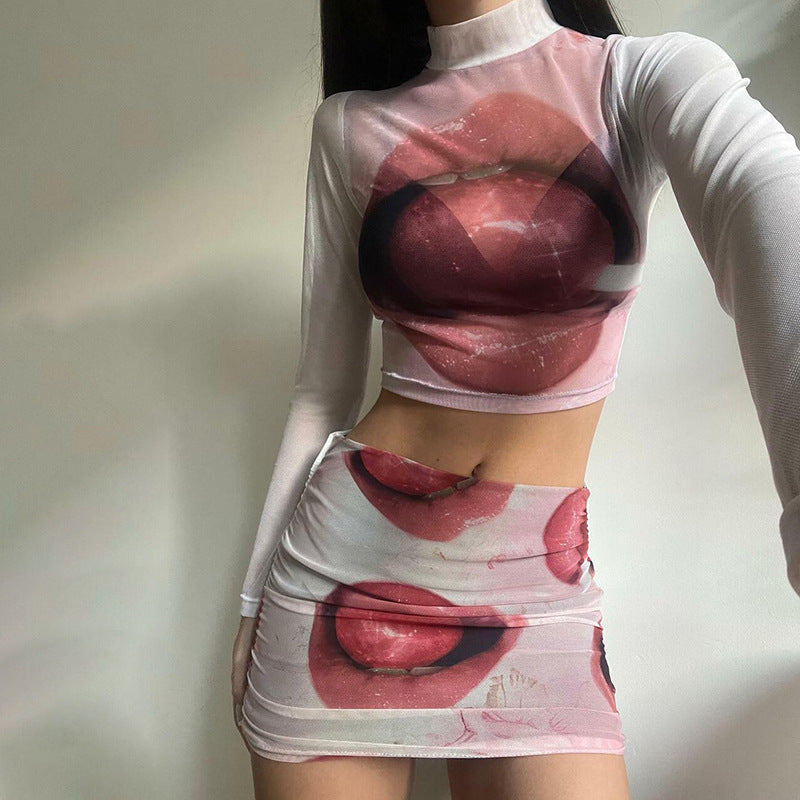 Printed See-through Navel Sheath Skirt Outfit 