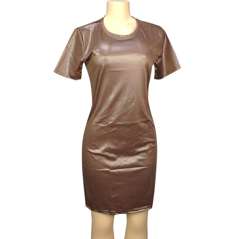 Faux Leather Long Sleeve Round Neck Knee Sheath Tight Dress dress