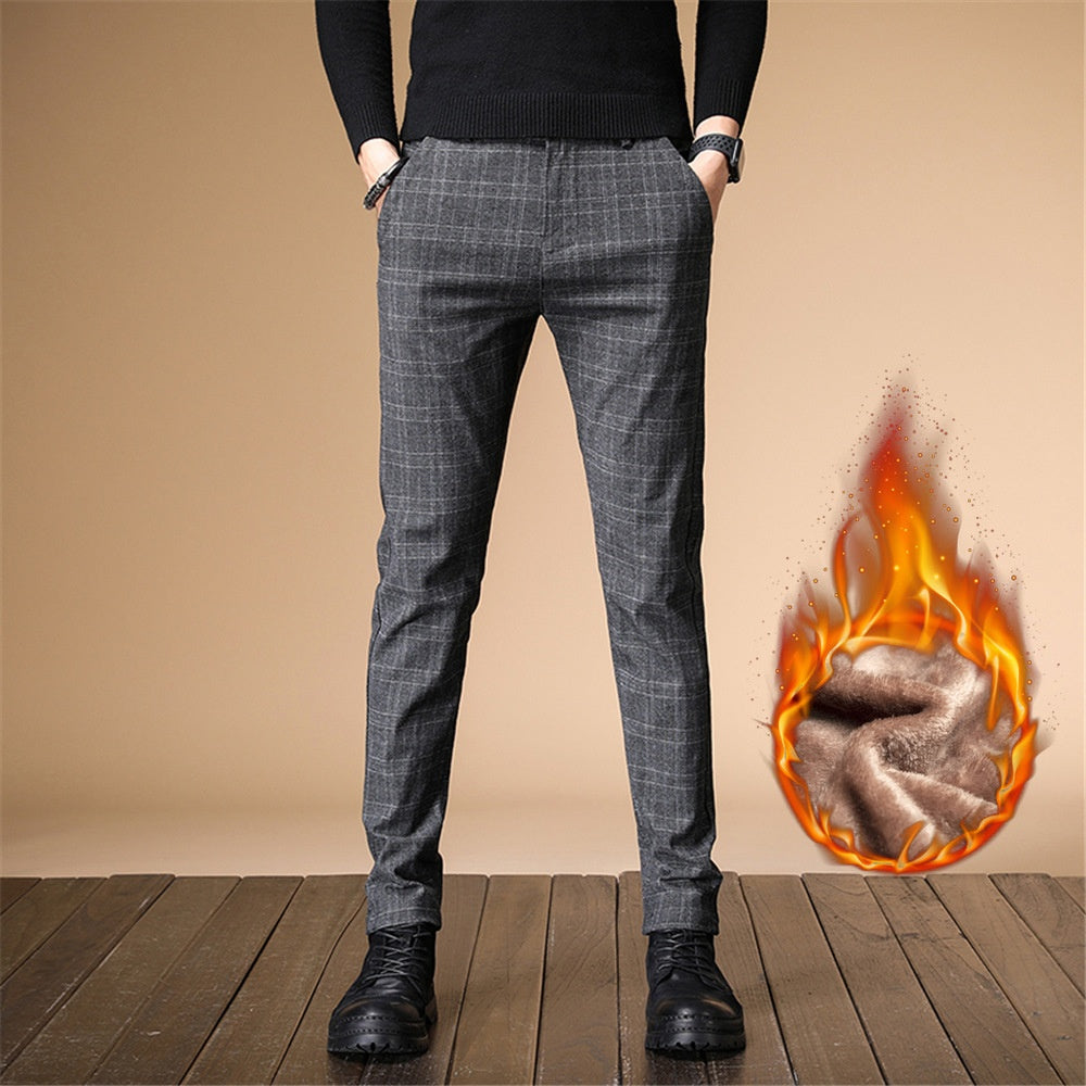 2023 Plaid, Brushed Casual Pants Men Slim Fit Men's Pants Fleece-lined Thick Style Korean Winter Suit Pants Men One Piece Dropshipping 