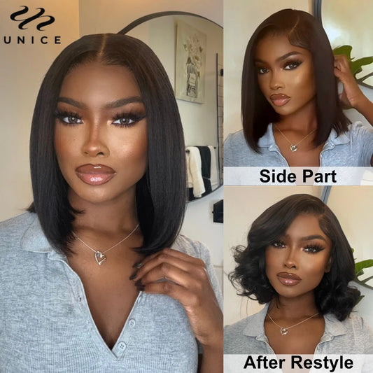 UNice Hair Yaki Straight Bob Wig Pre Cut Pre Bleached 7x5 Lace Closure Glueless Wigs RHuman Hair eady To Wear Go