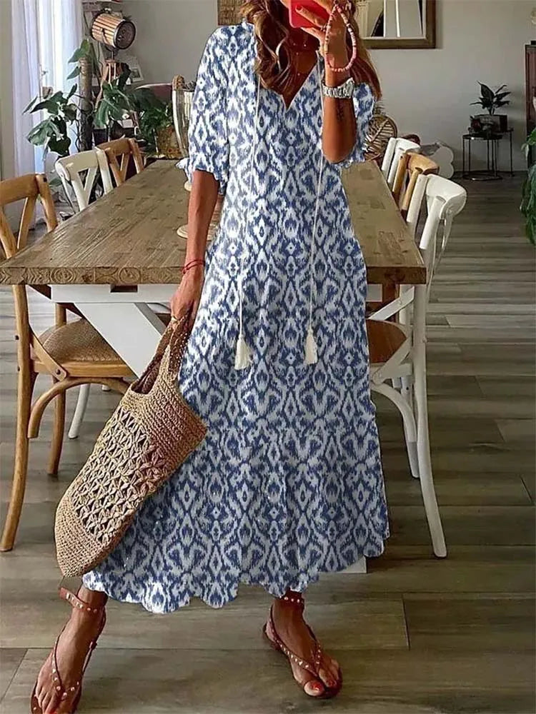 Summer One-Piece Dress Women's V-Neck Flower Print Lantern Sleeve Long Dress Casual Simple Go Out Vacation Female Clothing