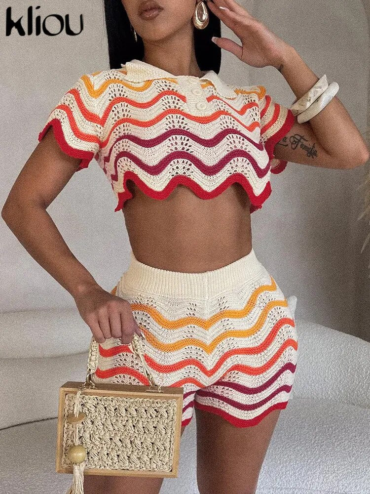 Kliou Knitted Gradient Striped Patchwork Two Piece Set Women Hipster Lapel Short Sleeve Tees+High Waist Shorts Female Streetwear