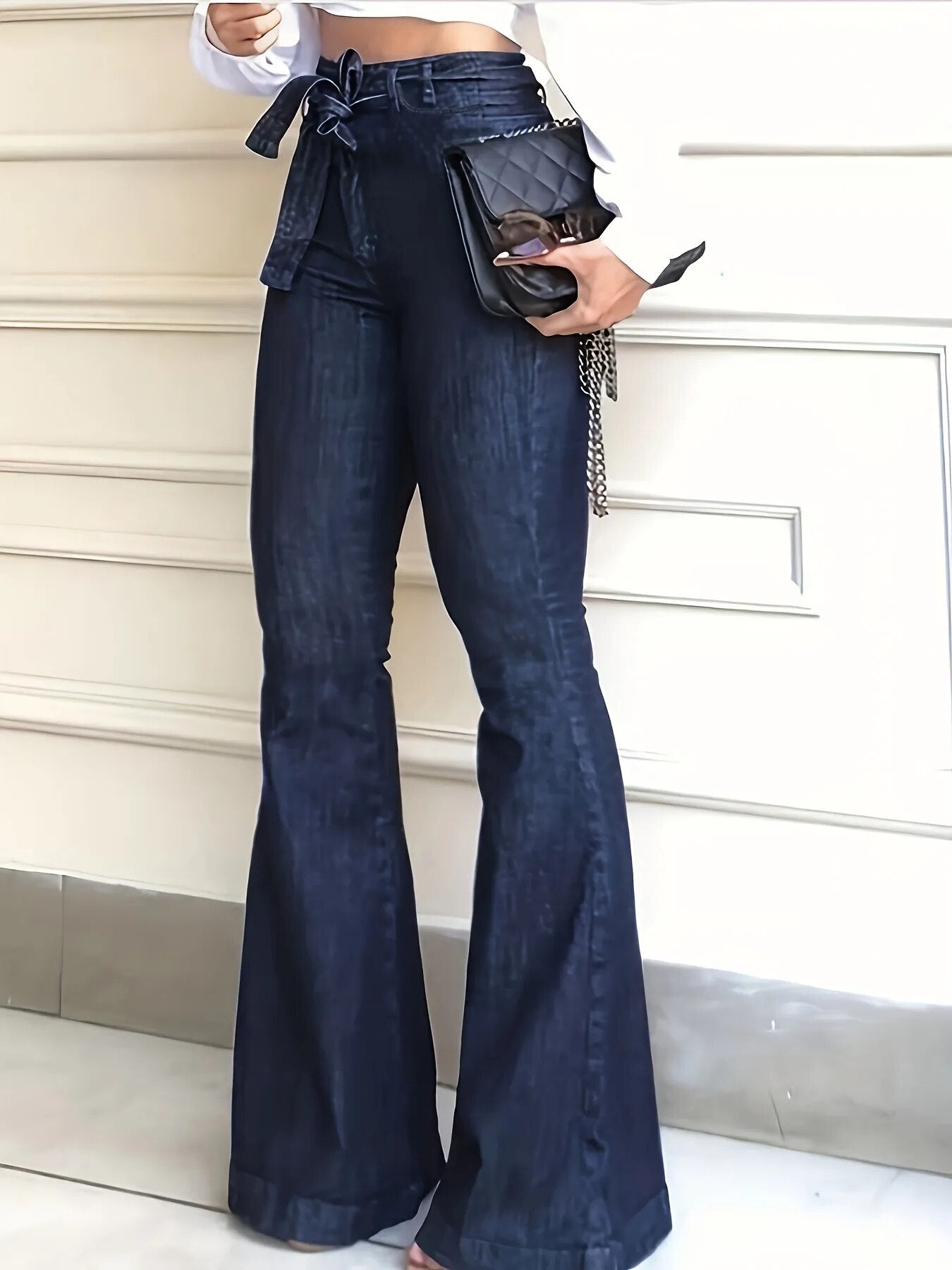 Navy Blue Flared Jeans Autumn, High-Stretch With Waistband Bell Bottom Wide Legs Denim Pants, Women's Denim Jeans & Clothing