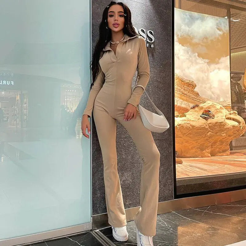 Long Sleeve V-Neck Skinny Jumpsuit 