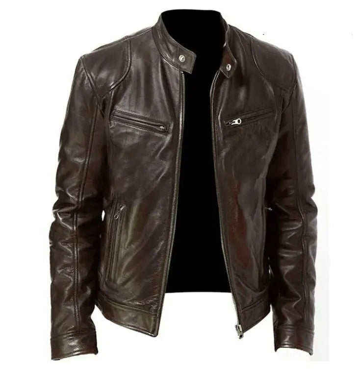 Men's Zip Cardigan PU Leather Jacket With Stand Collar 