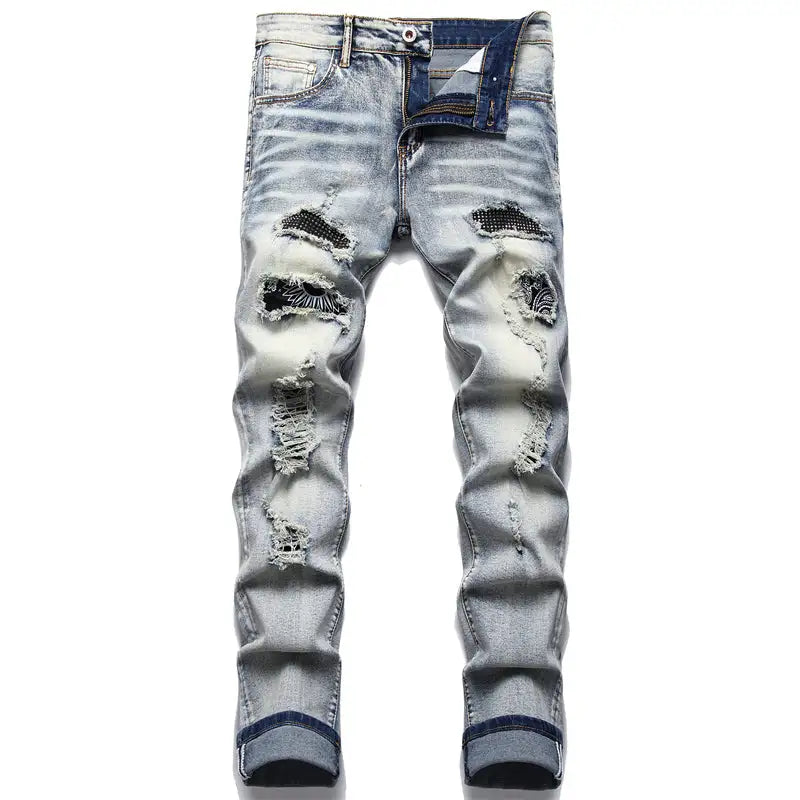 Casual Black Jeans Paint Slim Straight Hole Biker Jeans 