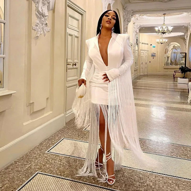 Clothing 2023 Wear Long Sleeve Tassel Fringe Elegant Evening Celebrity Dresses Sexy Party Bodycon Dresses for Women Birthday dress