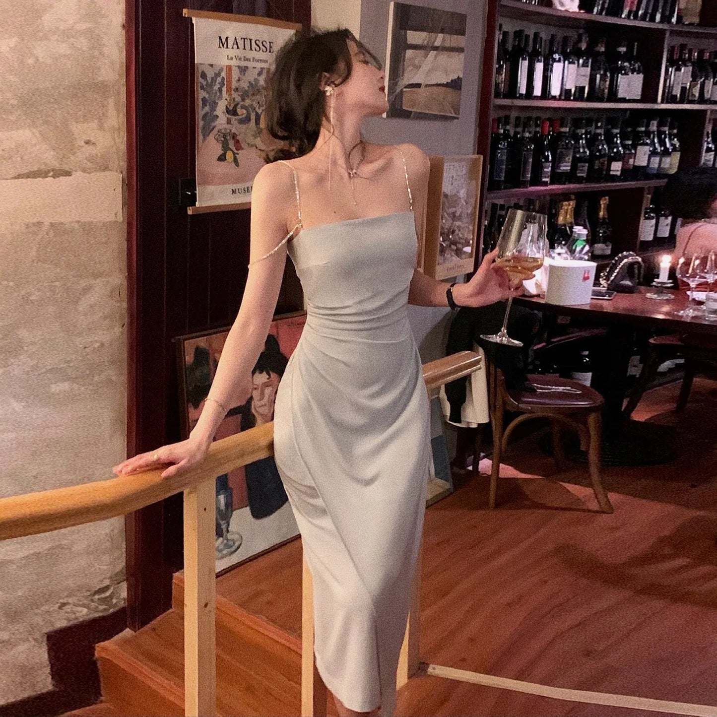 Elegant Party Spaghetti Strap Midi Dresses for Women 2023 Summer Sexy Prom Evening Fashion Female Clothes Blue Folds Satin Dress 