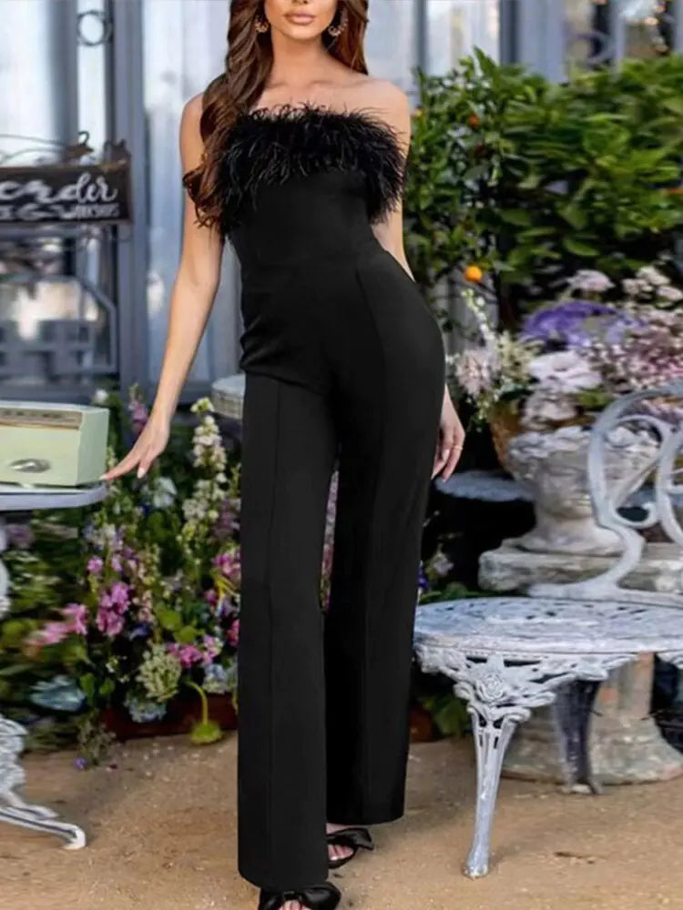 Women Sequined Feather-paneled Jumpsuit 