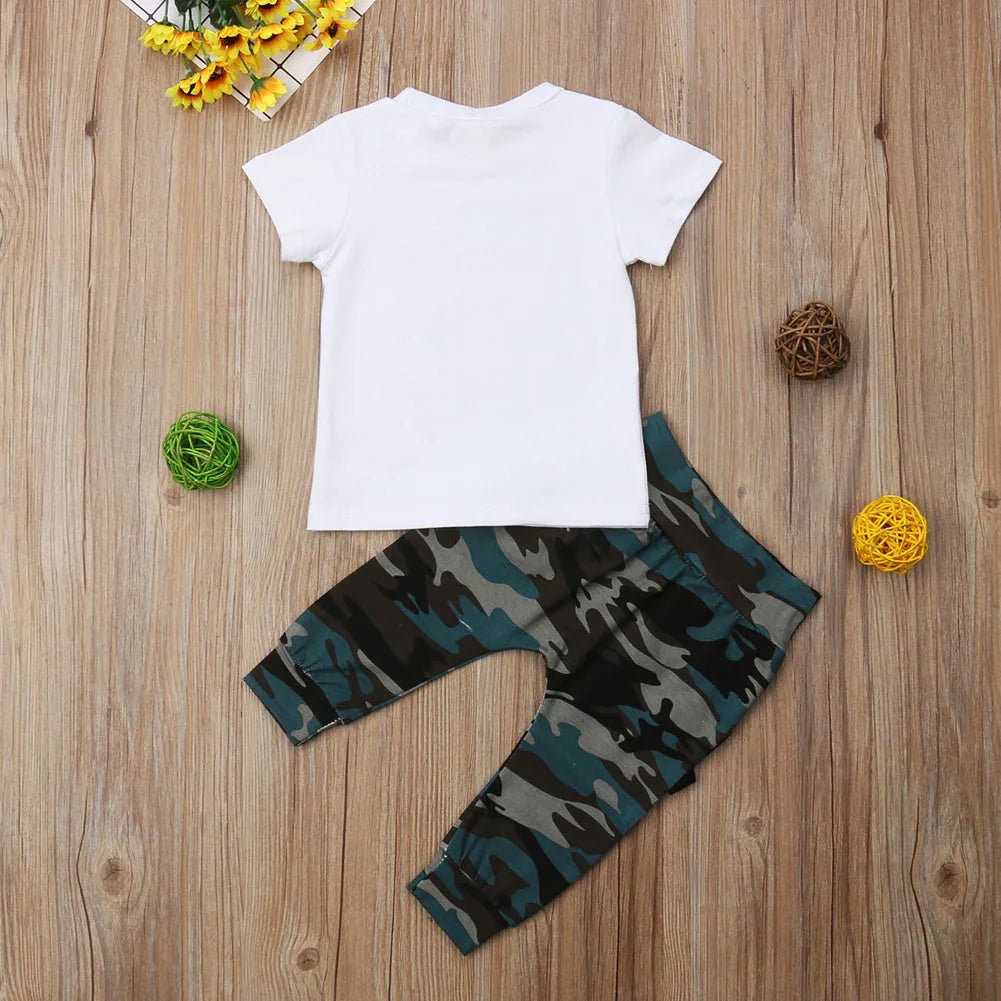 Newborn Baby Boys Clothes Toddler Kids Short Sleeve Letter T-shirt Camo Pants 2Pcs Outfits Set Baby's Clothing