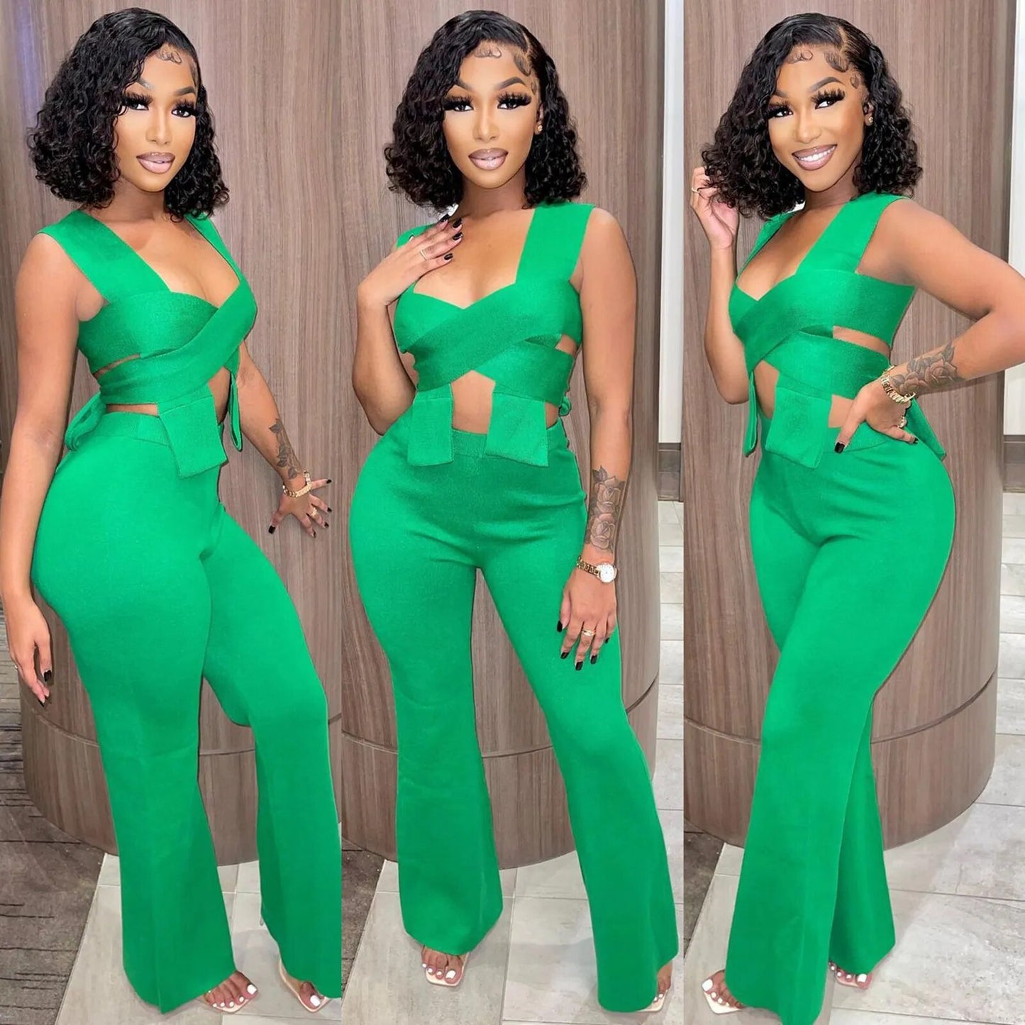 Street Sexy Women's Tracksuit Halter Neck Twist Crop Tops and Straight Pants Suit Matching Two 2 piece sets womens outfits