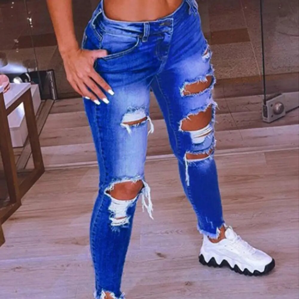 Ripped Holes Jeans Pencil Pants Fashion Women Jeans Low Waist Hip Lift Ripped Holes Skinny Denim Pencil Pants Trousers for Work