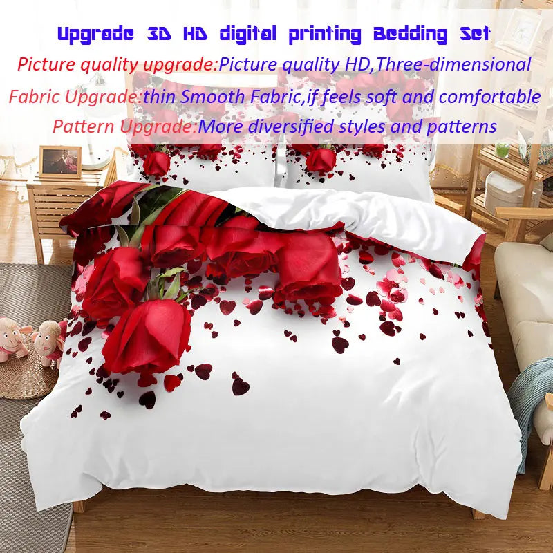 Red Rose Bedding Set Quilt Duvet Cover Comforter Pillow Case 3D HD Double Full King Queen Twin Single 3PCS 2PCS Bedroom Flower