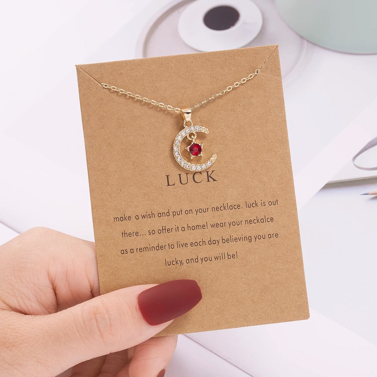 New Moon Star Crystal Birthstone Pendant Necklace For Women Choker Mom Birthday Jewelry Gift Gold Color Clavicle Chain Wish Card