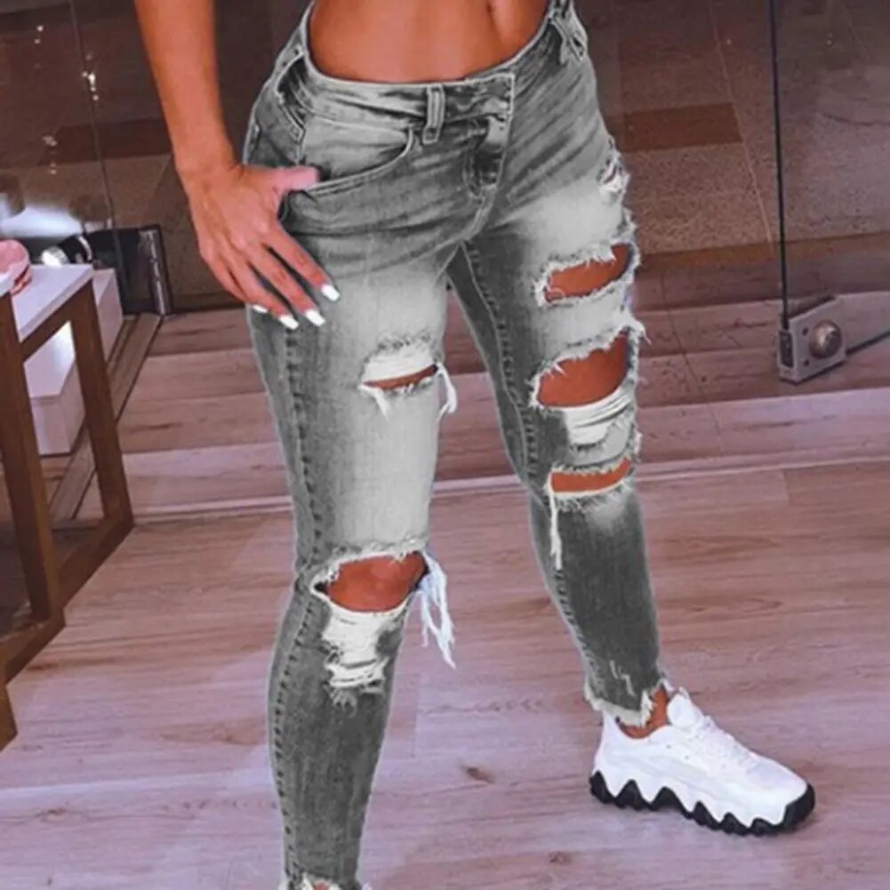 Ripped Holes Jeans Pencil Pants Fashion Women Jeans Low Waist Hip Lift Ripped Holes Skinny Denim Pencil Pants Trousers for Work