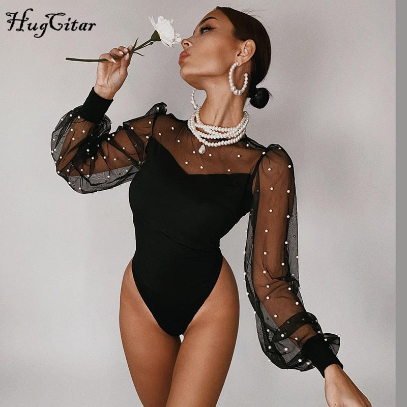 Voguable Mesh Pearl Patchwork Long Puff Sleeve Sexy Bodysuit Winter Women Fashion Streetwear Party Elegant Lady Romper