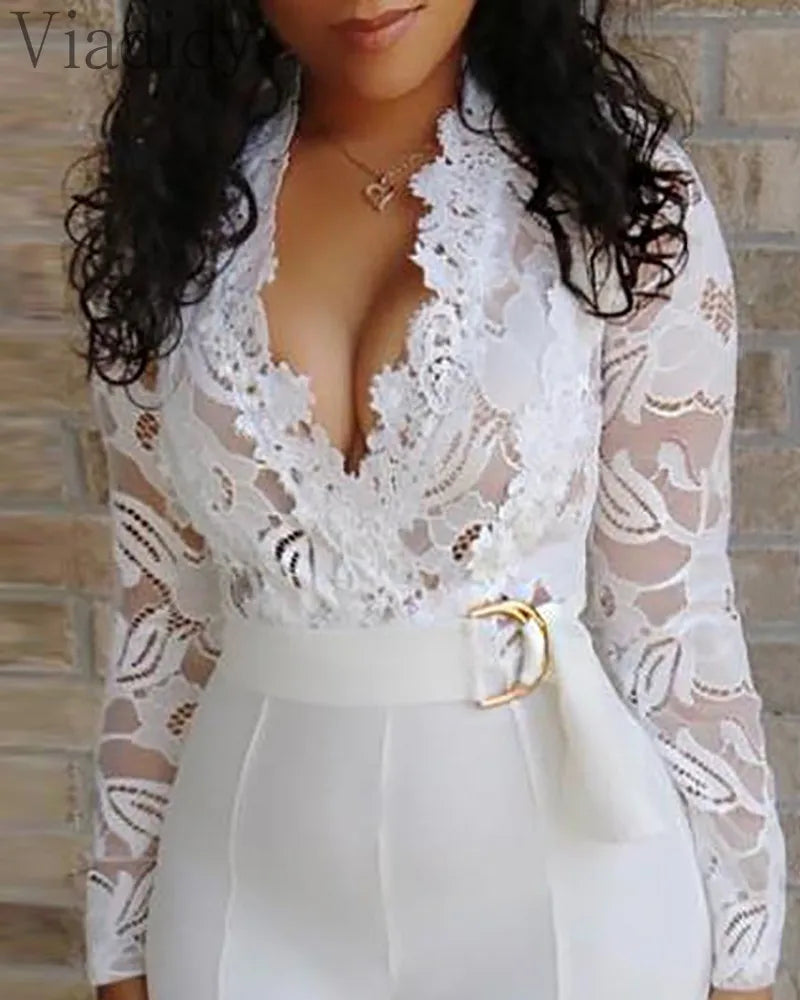 Women White Lace Bodice Insert Bodycon Wide Leg Jumpsuit