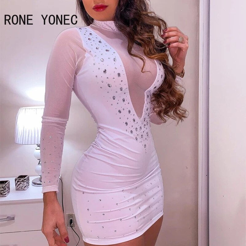 Women Sexy Patchwork  Rhinestone Turtleneck Mesh Bodycon Long Sleeves Mini Sexy White Dresses