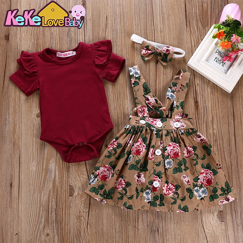 Summer Baby Girl Clothes Set Short Sleeve Bodysuit Floral Belt Dress Overalls 3Pcs Outfits Toddler Newborn Infant Girls Clothing