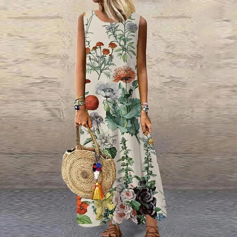 Vintage Floral Printed Maxi Dresses Women Summer Sleeveless Sundress Loose Casual Beach Long Dress Ladies Bohemia Party Vestidos