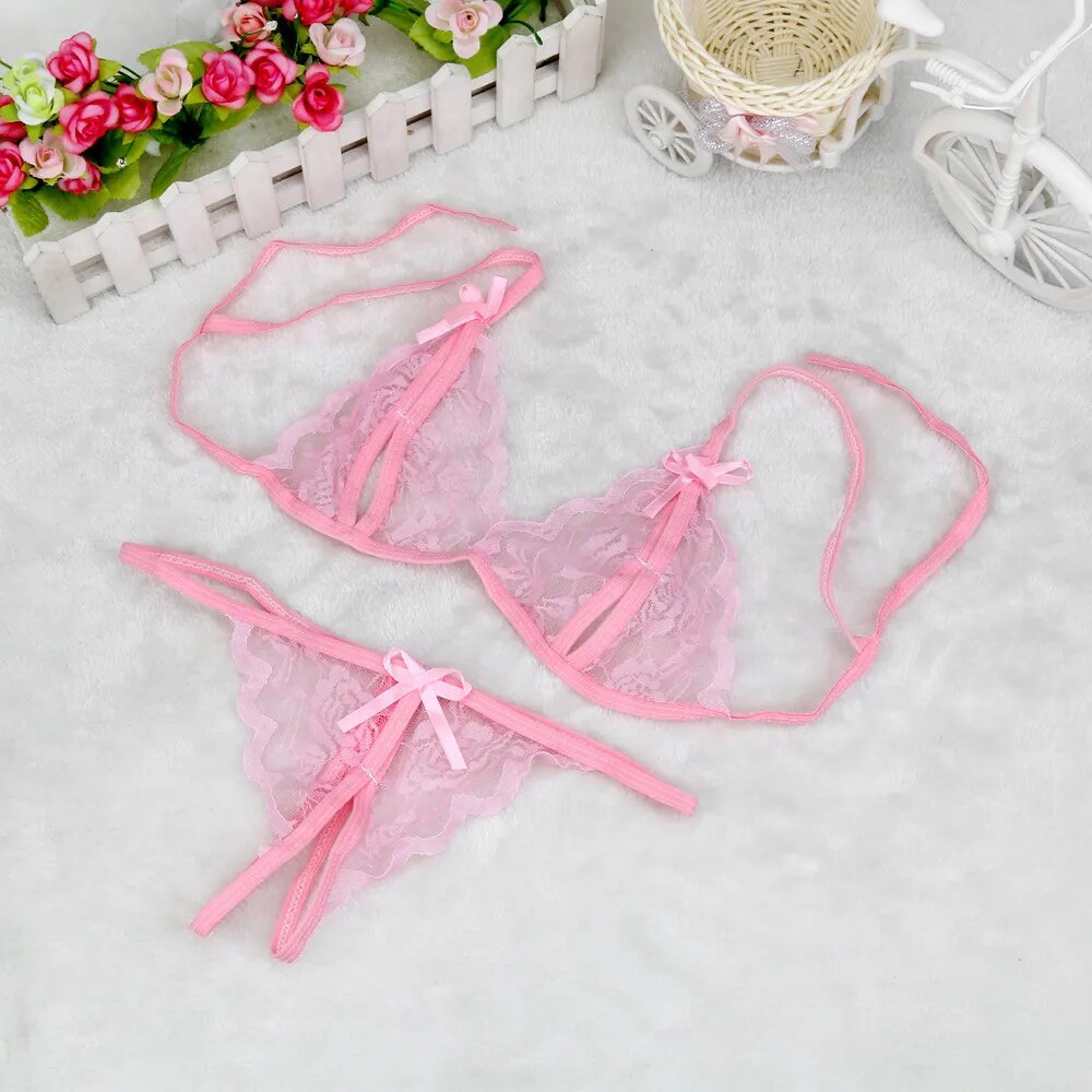 plus size Sexy Lingerie set Lace Bow Underwear women suit G-string transparent bra suit bandage underwear sets sexy нижнее белье