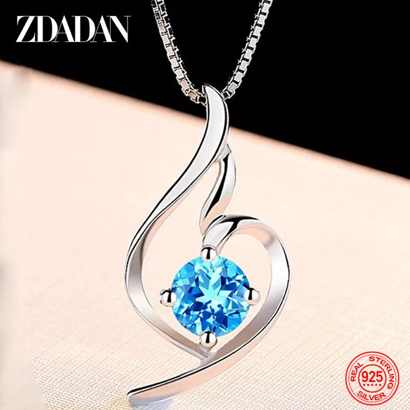 ZDADAN 925 Sterling Silver Blue Zircon Necklace Chain For Women Fashion Wedding Jewelry